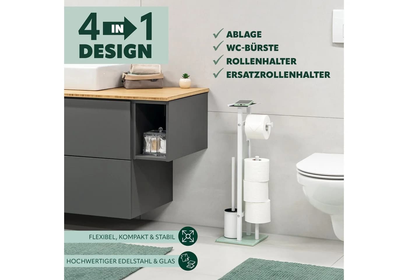 eluno WC-Garnitur freistehend Edelstahl Glas 4in1 Weiß