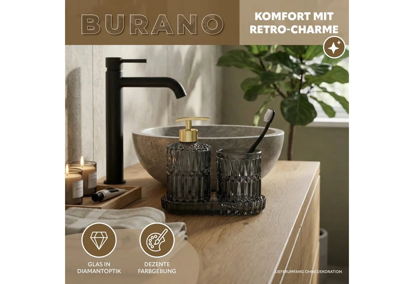 eluno Badaccessoire-Set BURANO 3tlg. Schwarz Gold Glas