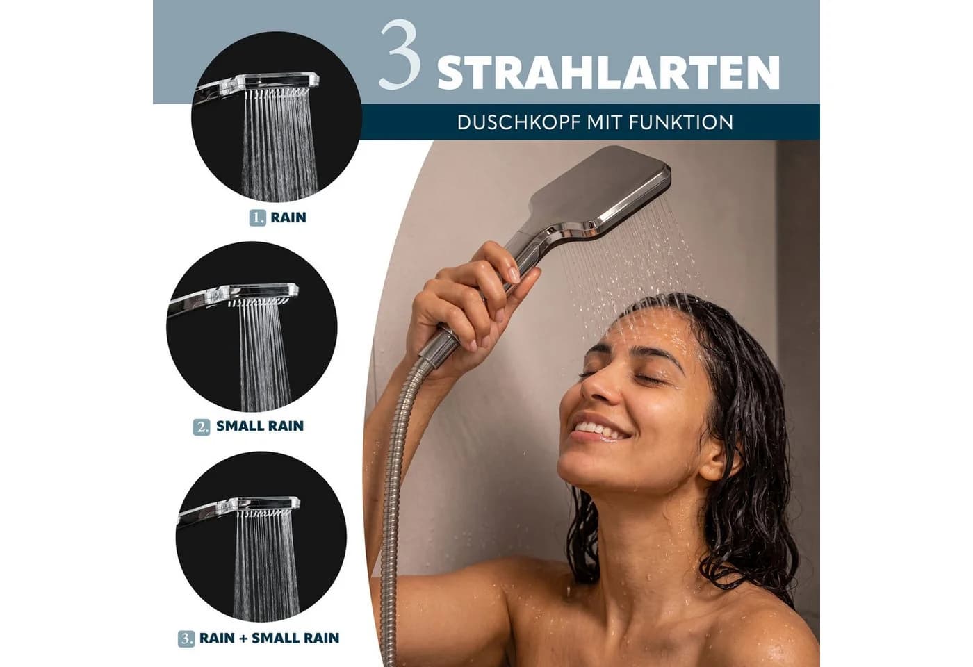 eluno Handbrause 3-tlg. mit Brauseschlauch & Klebehalterung