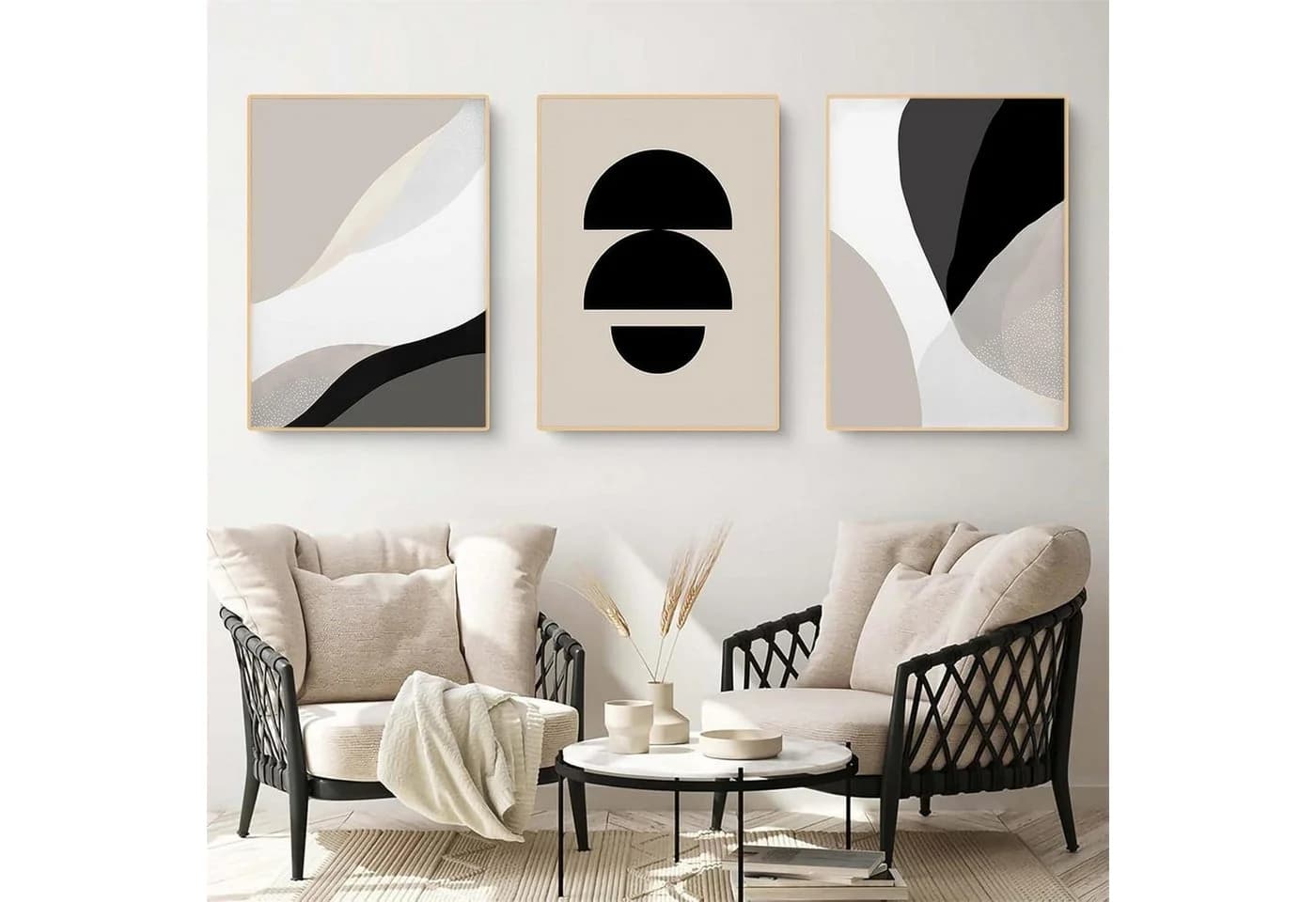 Trayosin Poster 3-teiliges Premium Set Abstrakt Schwarz Beige