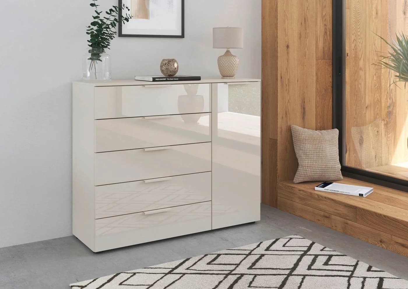 RAUCH FLIPP Schubkastenkommode Beige Glas Soft-Close 5 Schubladen