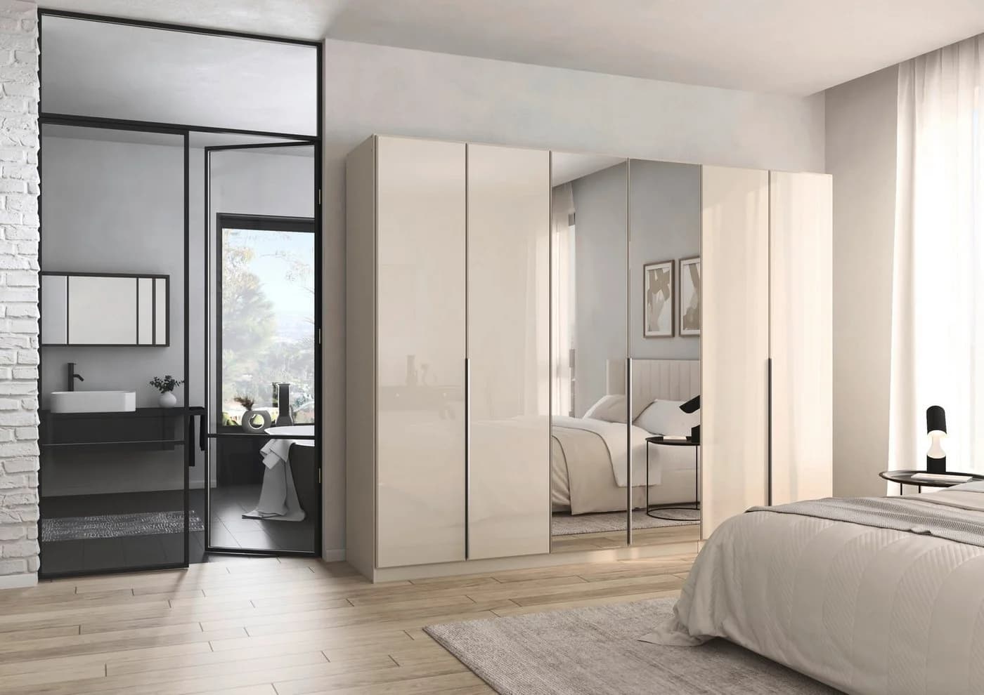 OTTO HOME AGORDO Drehtürenschrank Beige Glasfront mit Spiegel