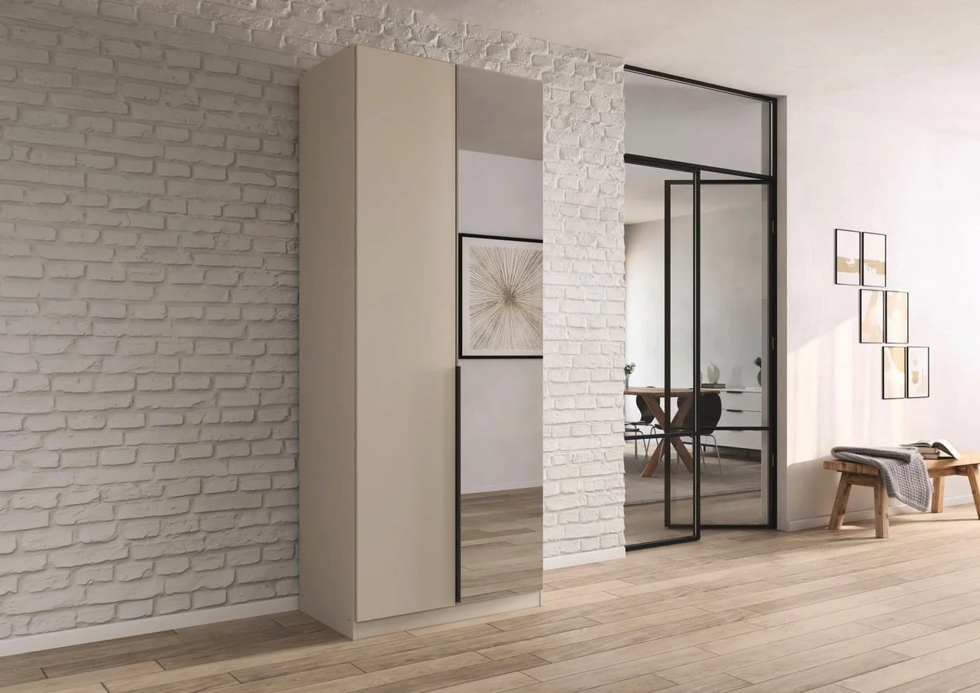 OTTO HOME Drehtürenschrank AGORDO Beige/Weiss Spiegeltüren