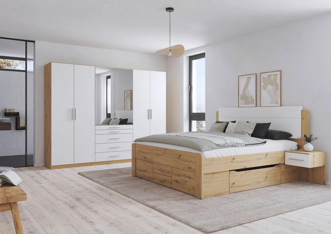 Schlafzimmer-Set RAUCH Komplettschlafzimmer Stauraumbett Eiche Artisan Alpinweiß