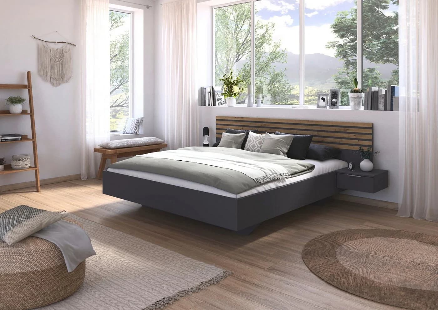 Rauch Bettanlage LAMELLA Doppelbett Futonbett 160x200 oder 180x200 cm Graumetallic/Eiche Artisan