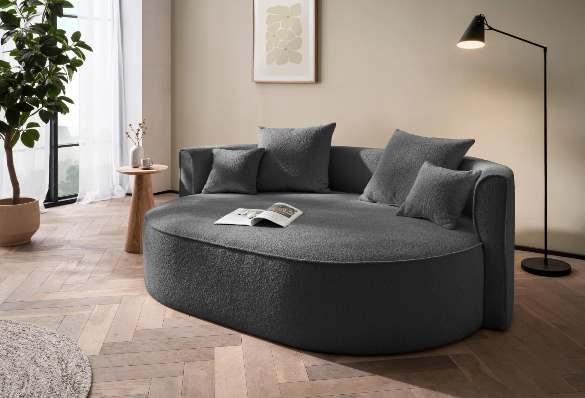 LeGer Home ISALIE Rundes Loungesofa 2,5-Sitzer Dunkelgrau Bouclé