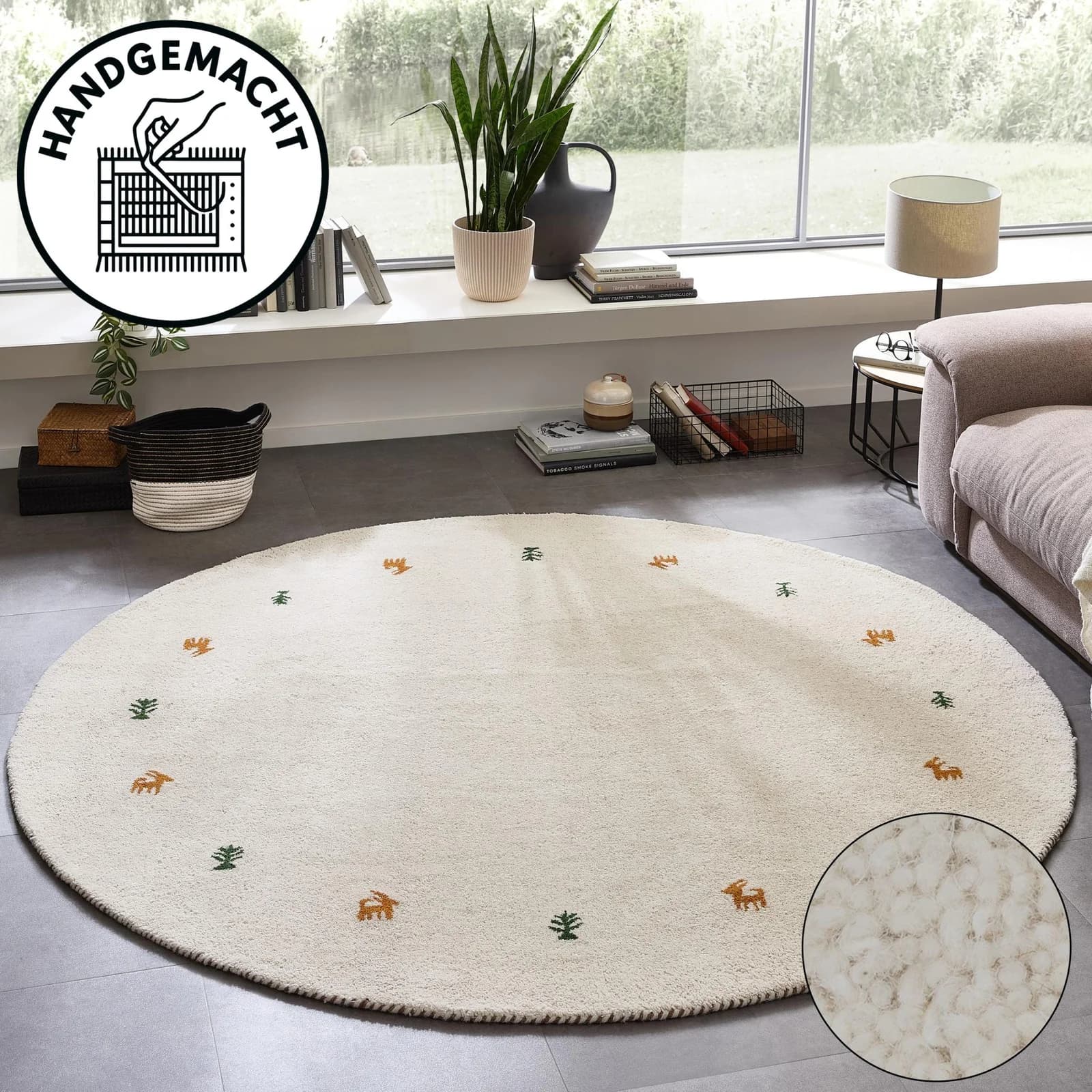 THEKO Gabbeh Wollteppich rund 200cm natur Tiermotiv