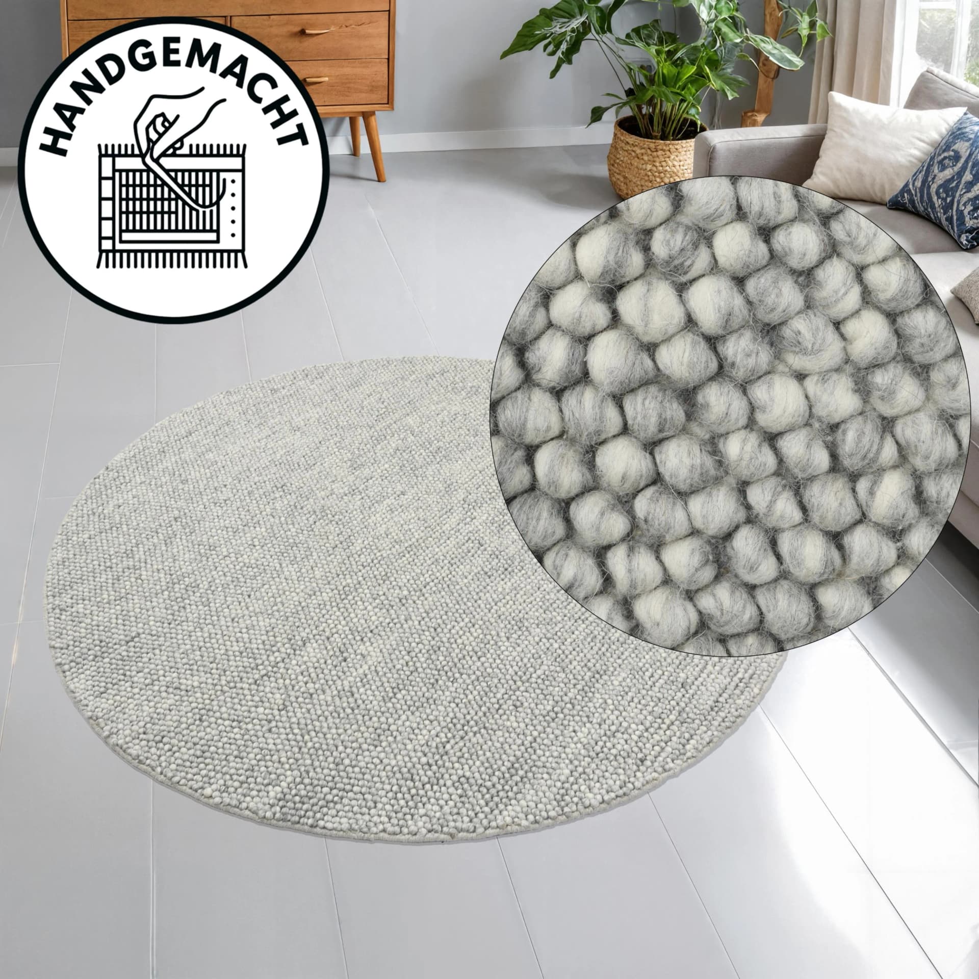 OTTO HOME Wolly Wollteppich rund 160cm grau handgewebt