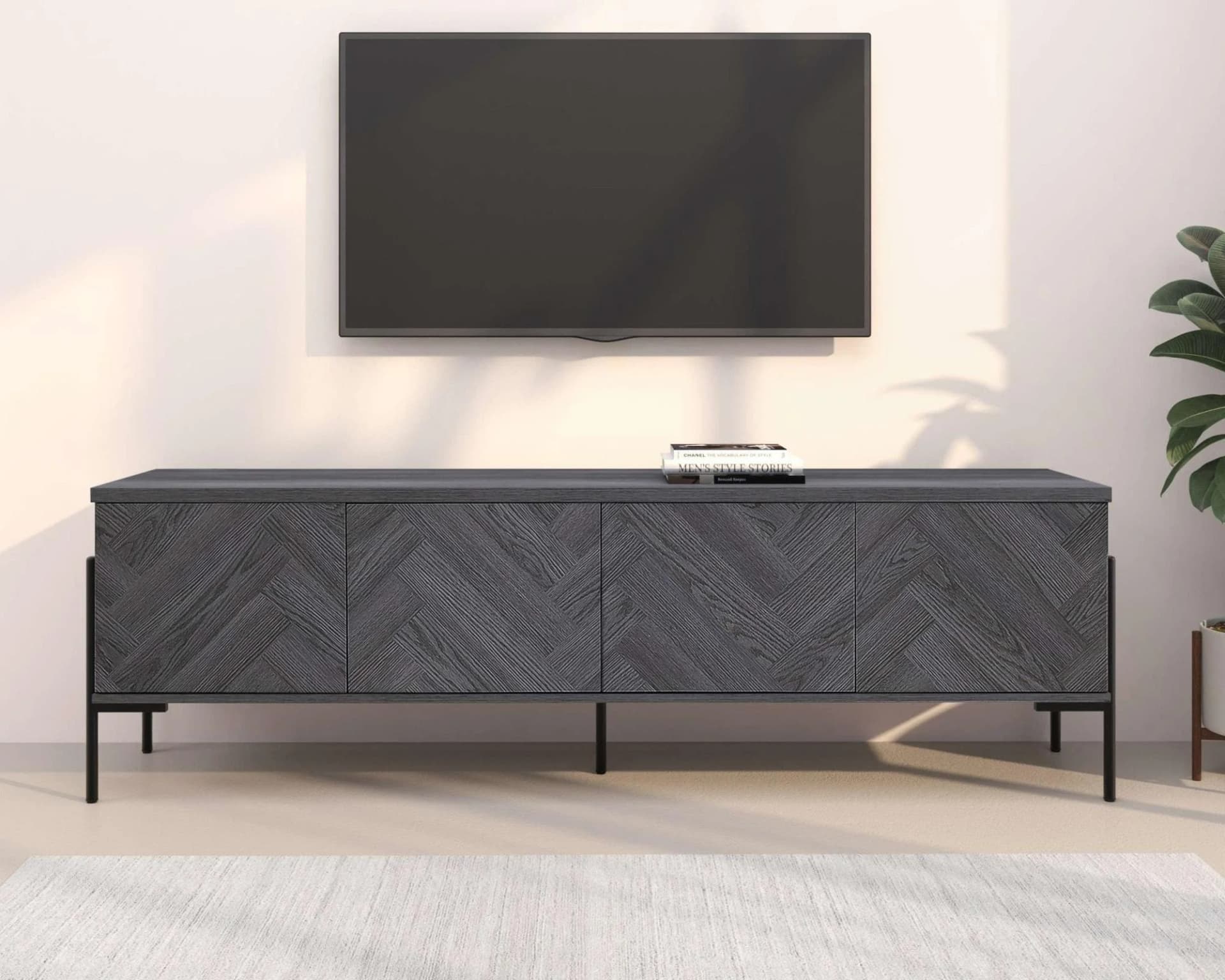 Leonique Lowboard Eadwine TV-Kommode Push-to-open Fischgrätenmuster 175 cm