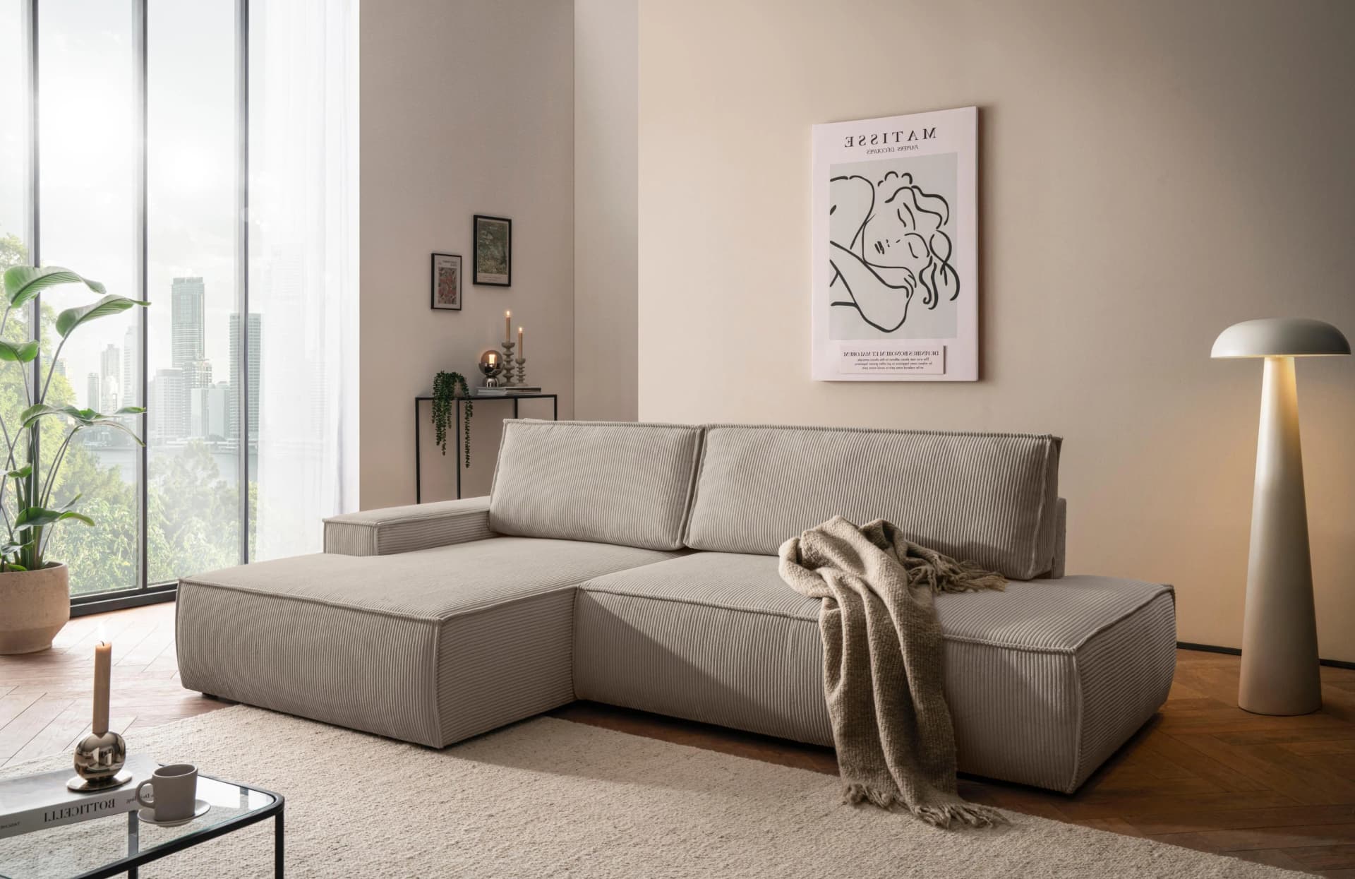 HOME AFFAIRE Ecksofa SHERWOOD L-Form Schlafsofa Cord Greige