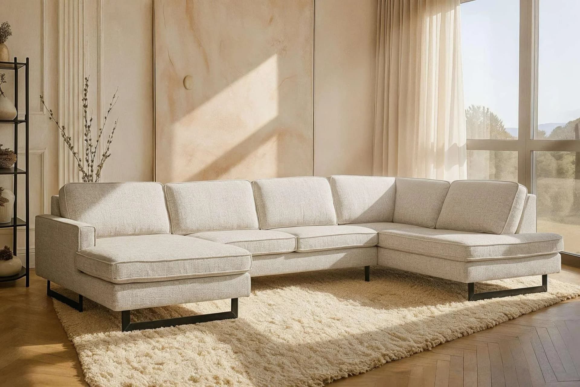 Wohnlandschaft Pinto 350 cm U-Form XXL mit Ottomanen Creme