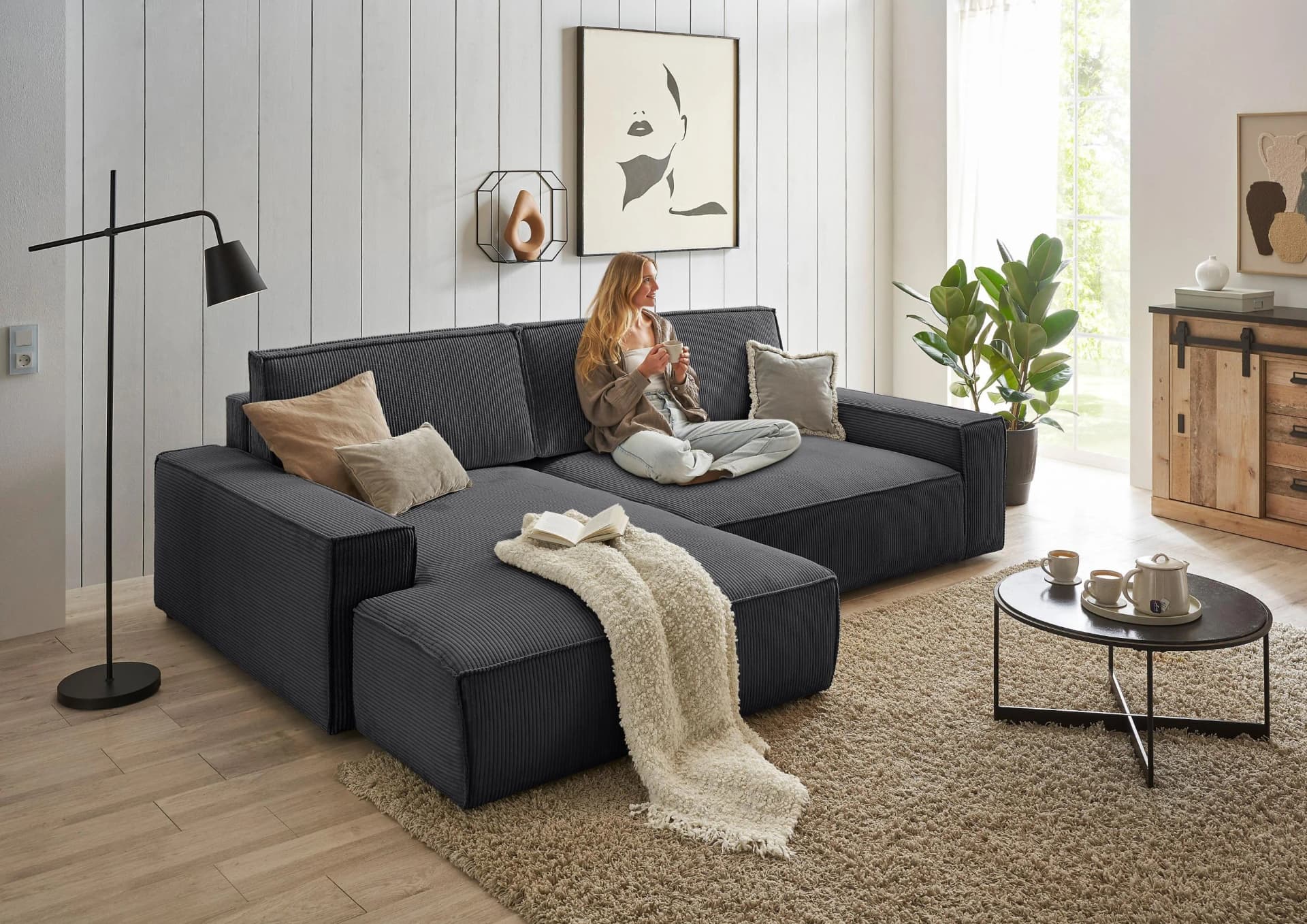 Ecksofa HOME AFFAIRE Sherwood XXL 284 Cord Anthrazit