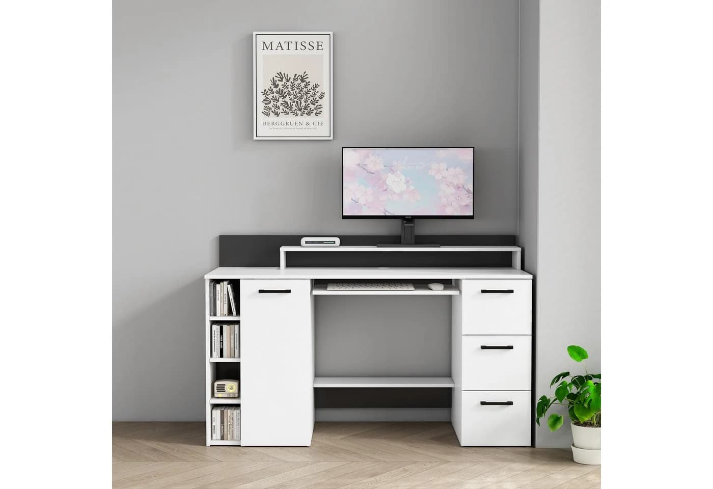 Schreibtisch OTTO HOME Moid Weiß mit Schubladen und Monitorablage