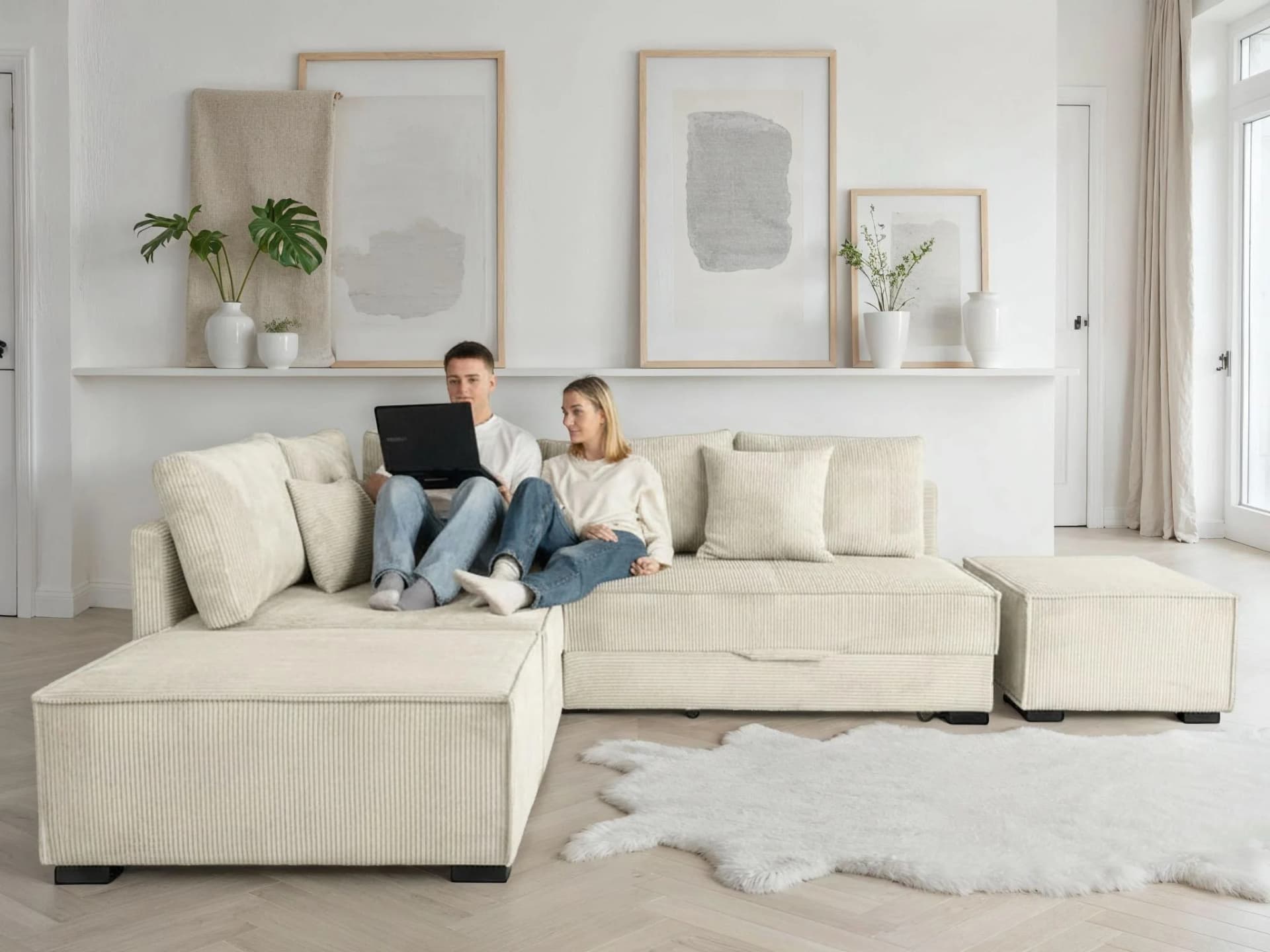 Ecksofa HOME AFFAIRE, cremefarbenes Cord, Boxspring-Polsterung, Bettkasten