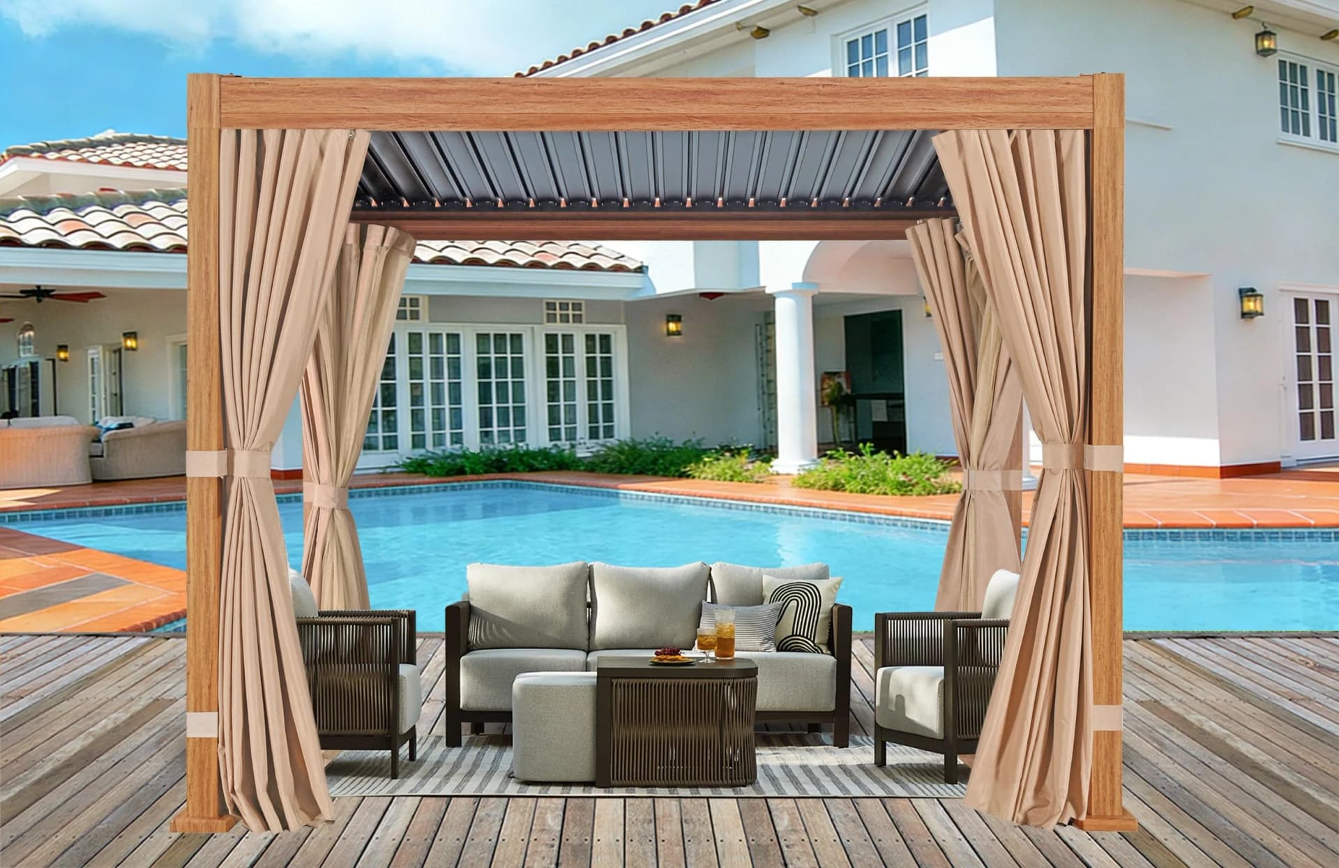 KONIFERA Pergola Alhambra Pavillon mit Lamellendach und Moskitonetzen Braun