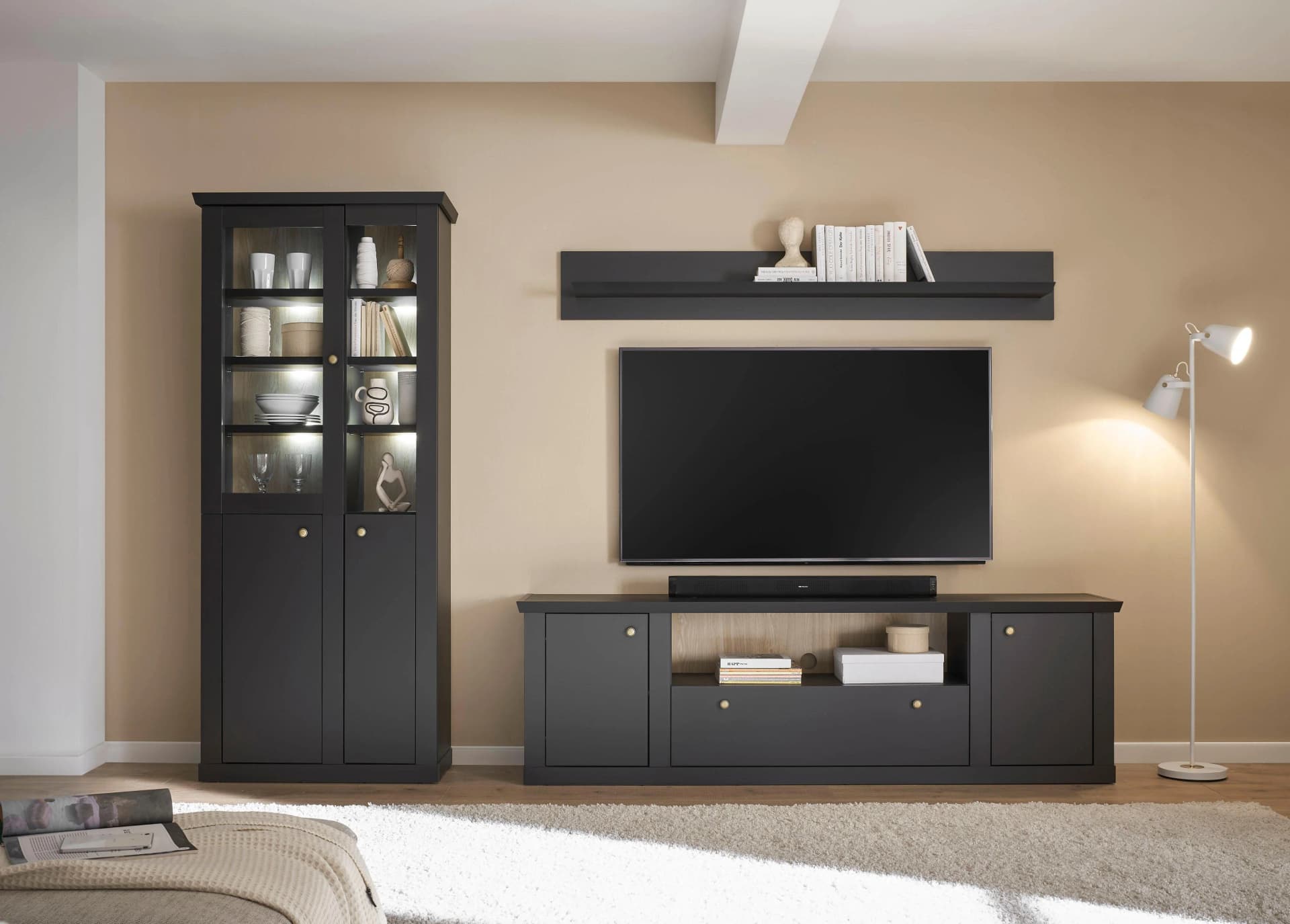 HOME AFFAIRE Wohnwand Lincoln Set Schwarz Matt Landhausstil