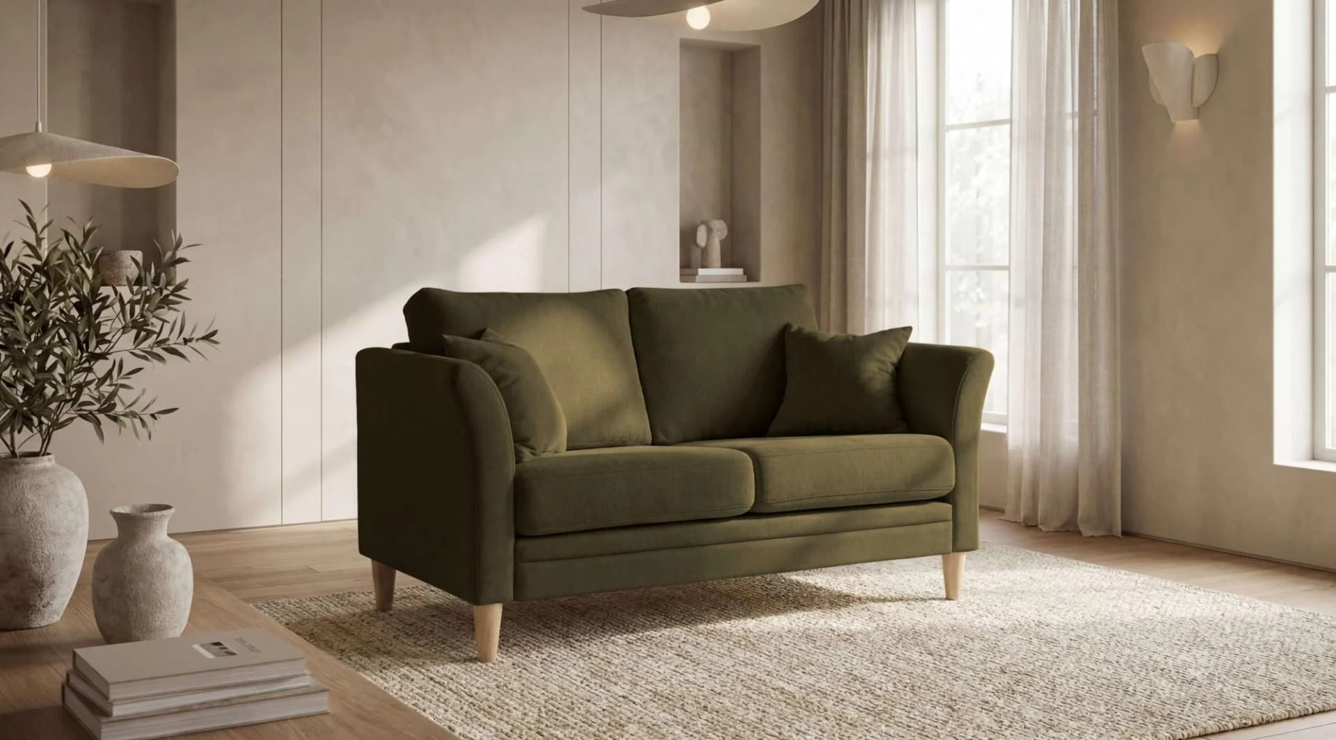 2-Sitzer Sofa Arellano - Olive Chenille & Massivholz