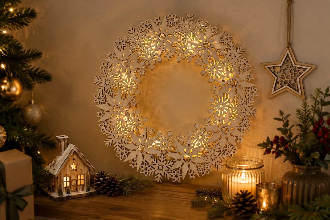 OTTO home LED Schneeflocken Holzdekoration mit Timer und warmweißer Beleuchtung