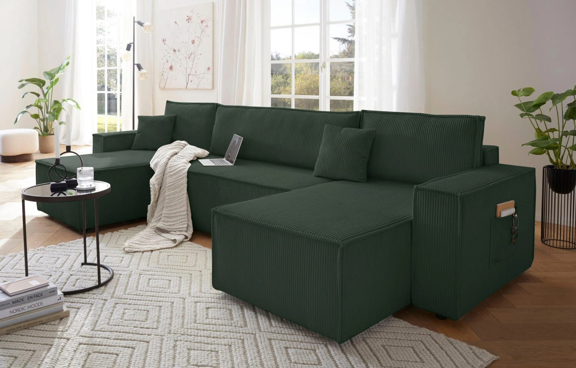 OTTO HOME Wohnlandschaft Cassi U-Form Grün mit Schlaffunktion und Bettkasten