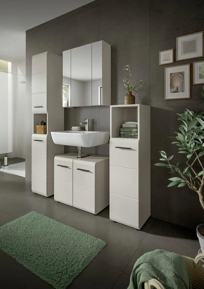 welltime Badezimmer-Set 4-tlg. Beige Hochschrank WBU Spiegelschrank Standschrank