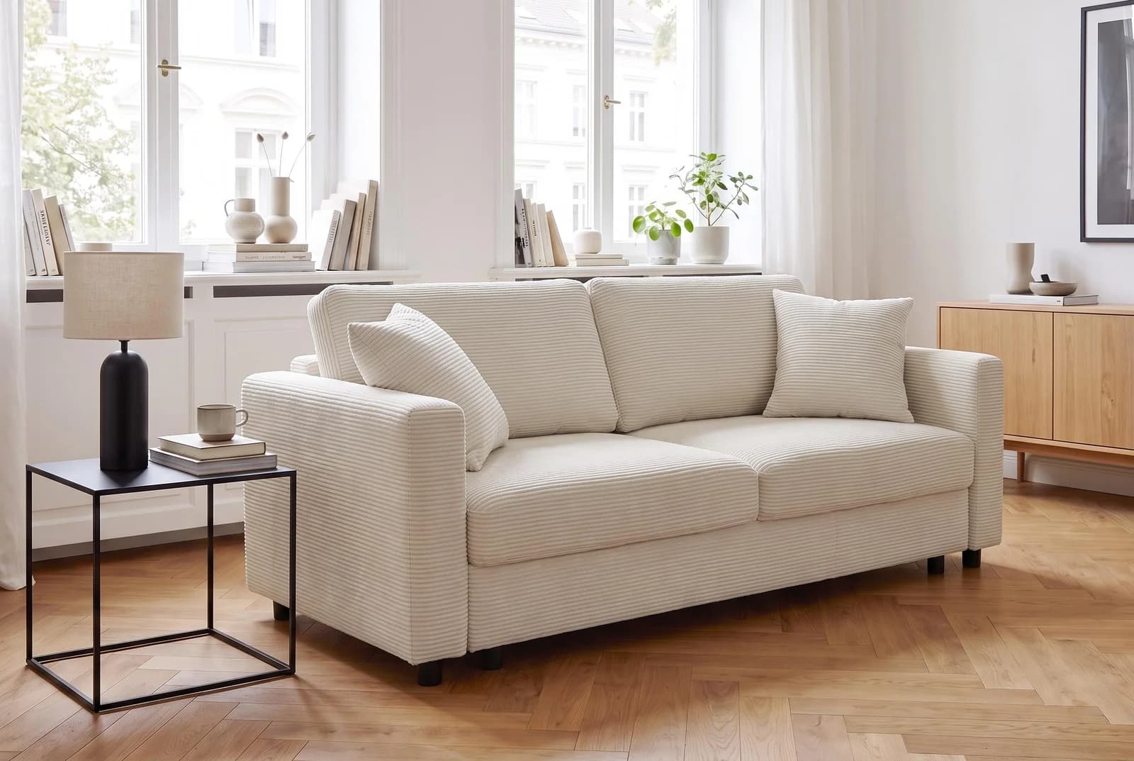 OTTO HOME LIOORA Schlafsofa 3-Sitzer Cord Beige mit Bettkasten