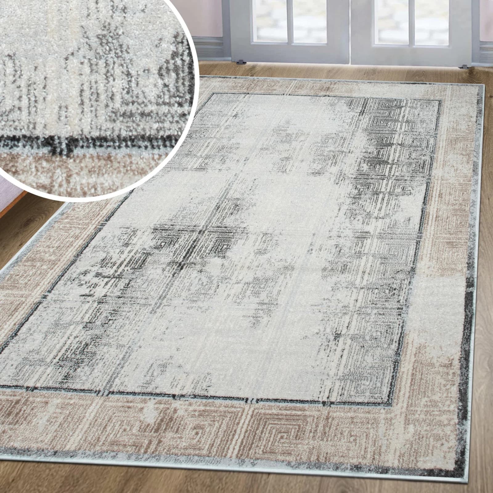 Teppich Aurellia mit Rahmen Beige Grau Vintage-Look