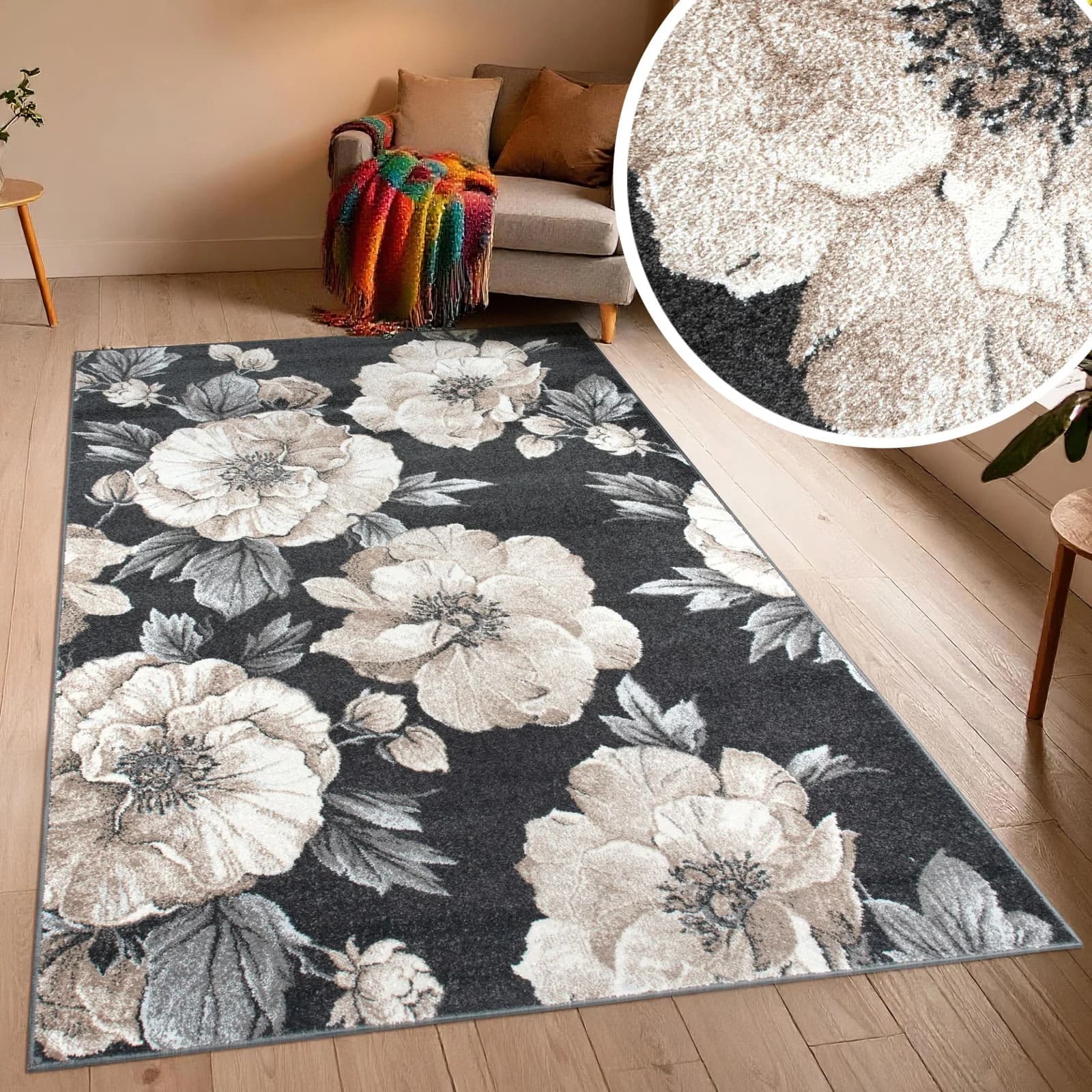 OTTO HOME Teppich Florent Blumen Design Vintage Dunkelgrau Kunstfaser