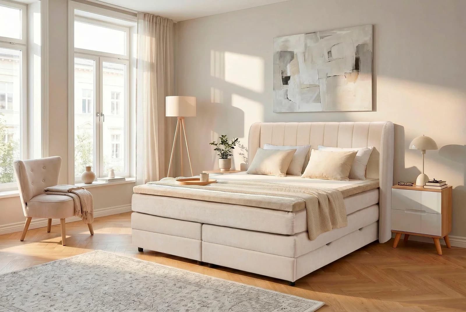 OTTO HOME Boxspringbett EBBIN mit Bettkasten und 7-Zonen-Matratze H3, Beige