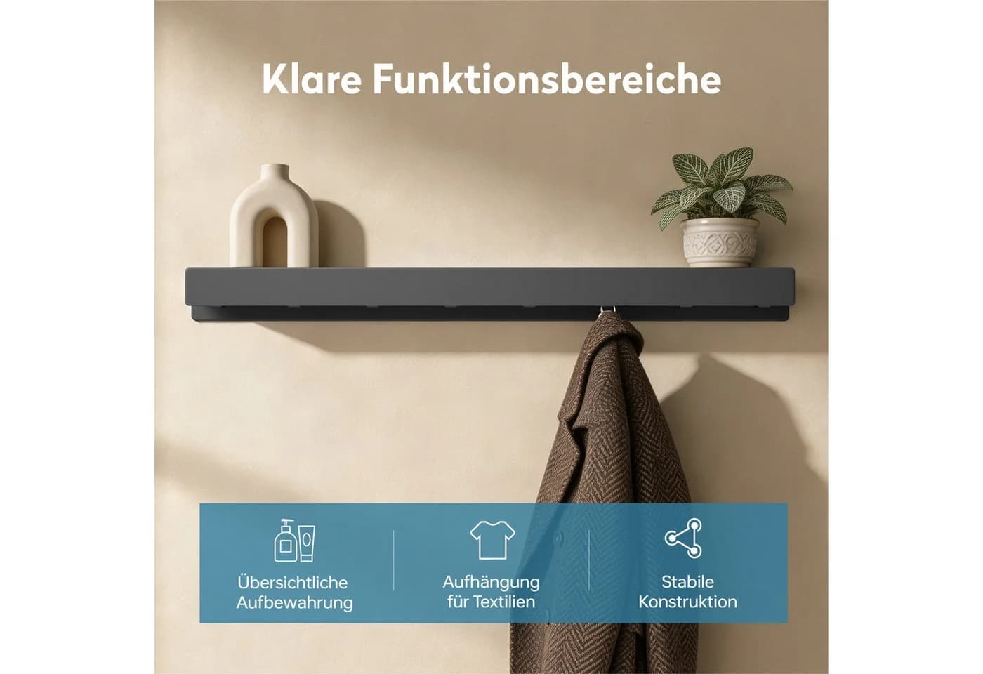 doporro Garderobenleiste Stalo mit Ablage & Haken, Metall, Schwarz