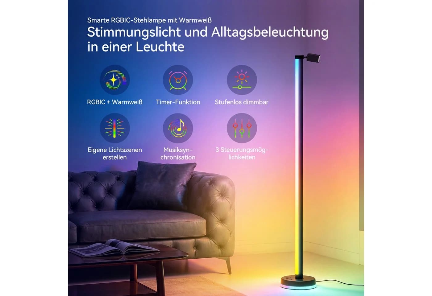 Mai & Mai LED Stehlampe dimmbar mit Leselampe Schwarz RGBICWW