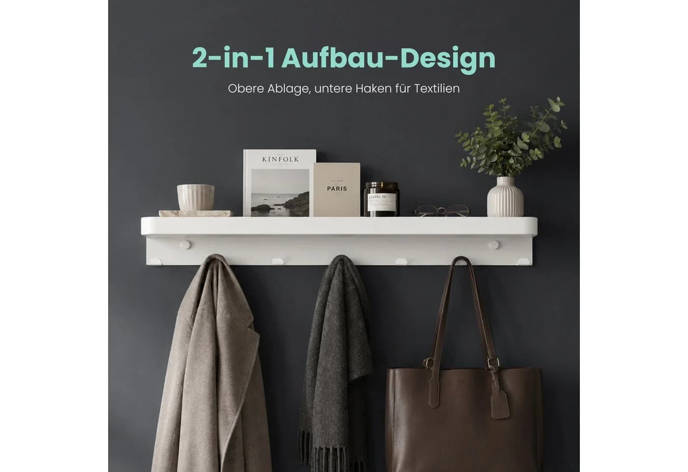 Mai & Mai Garderobenleiste Weiß mit Ablage & 7 Haken