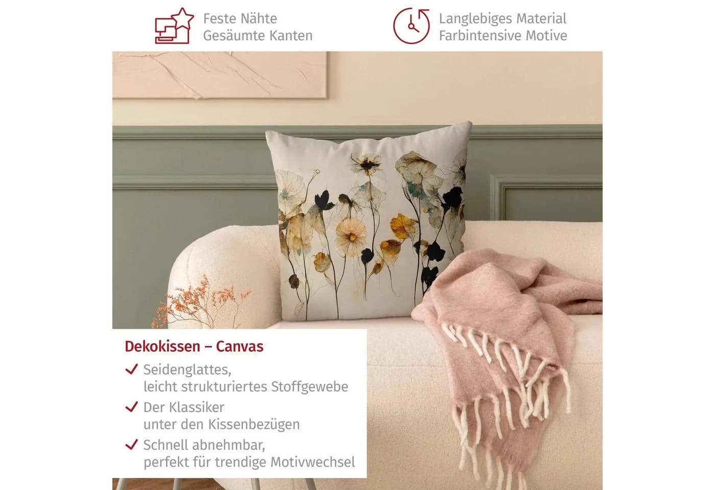 Bilderdepot24 Kissenhülle Beige Blumen Canvas