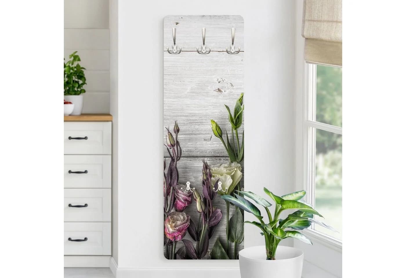 Bilderdepot24 Garderobenpaneel grau Floral Blumen Holzoptik mit Haken