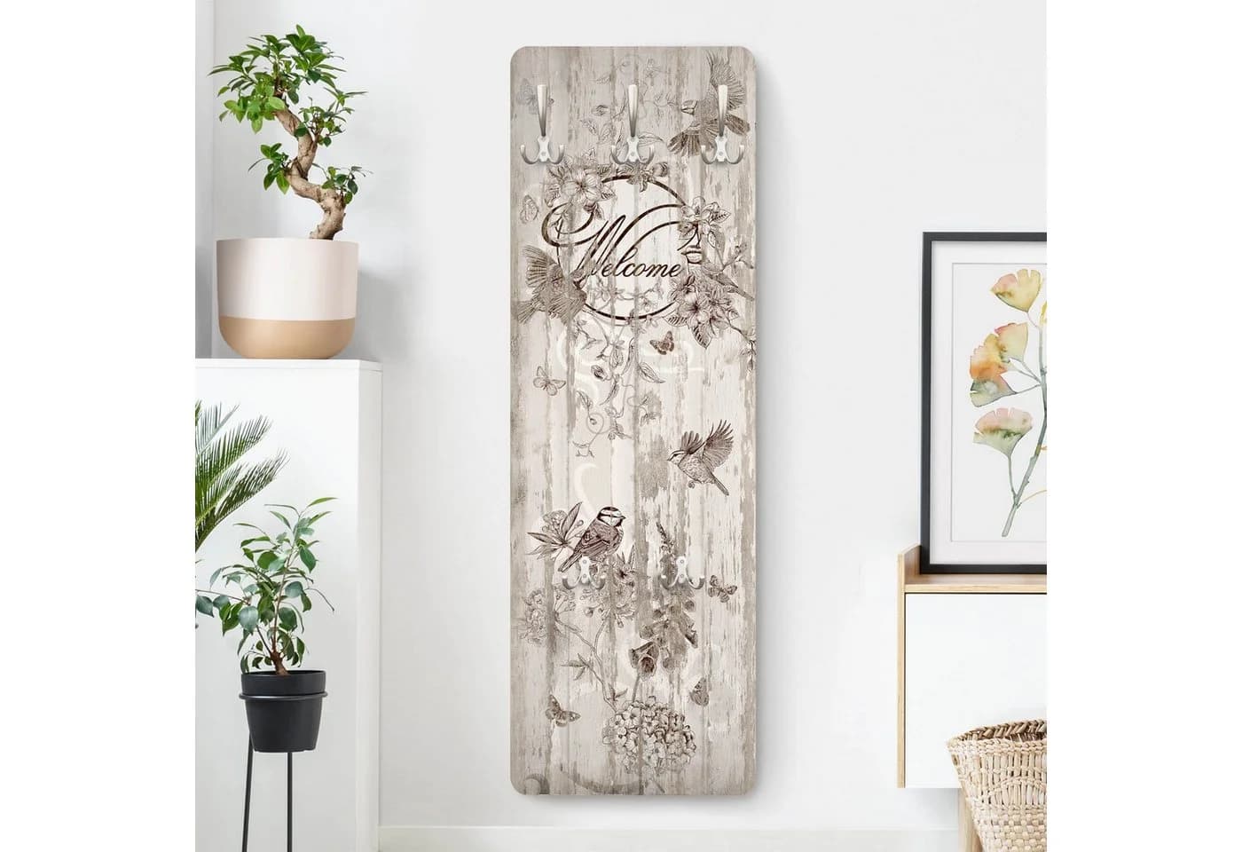 Bilderdepot24 Garderobenpaneel Beige Holzoptik Retro Vintage Shabby Tiere Sprüche Welcome Butterfly