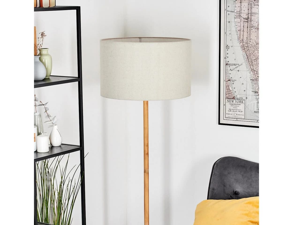 hofstein Stehlampe Metall/Holz Boho-Design Stoffschirm