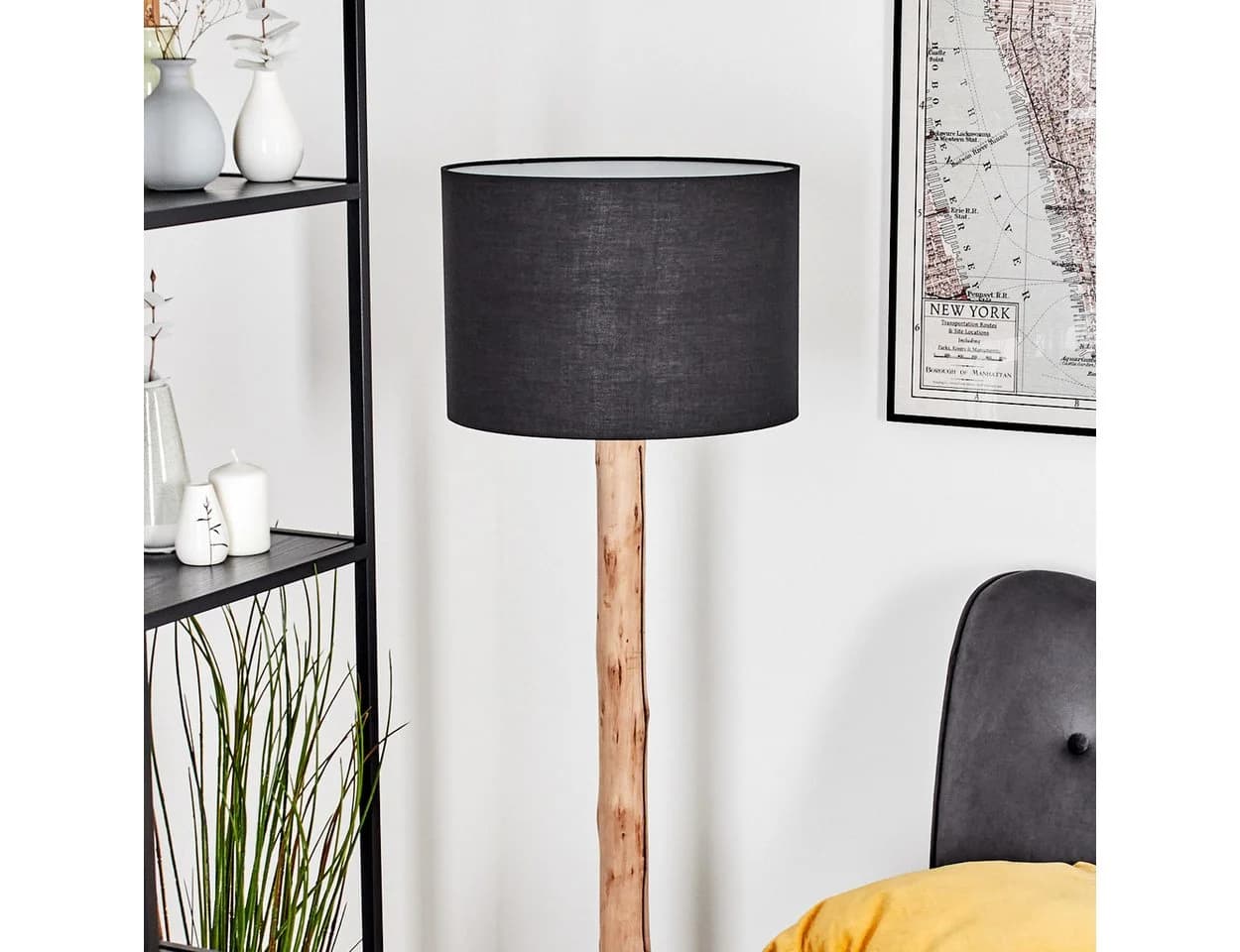 hofstein Stehlampe Holz/Metall Stoffschirm Schwarz/Weiß E27
