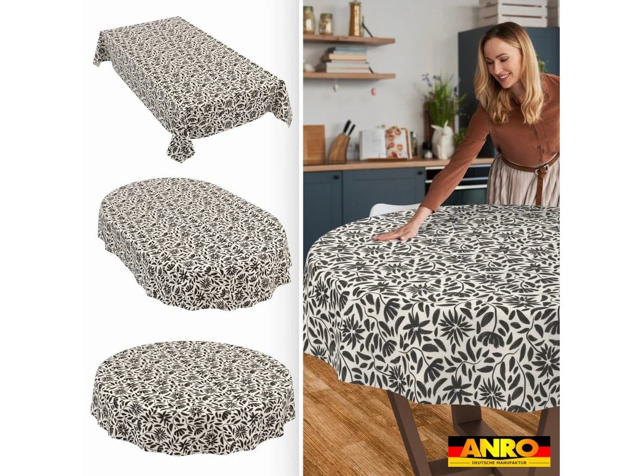 ANRO Tischdecke Barcelona Schwarz Grafisch Blumen Abwaschbar