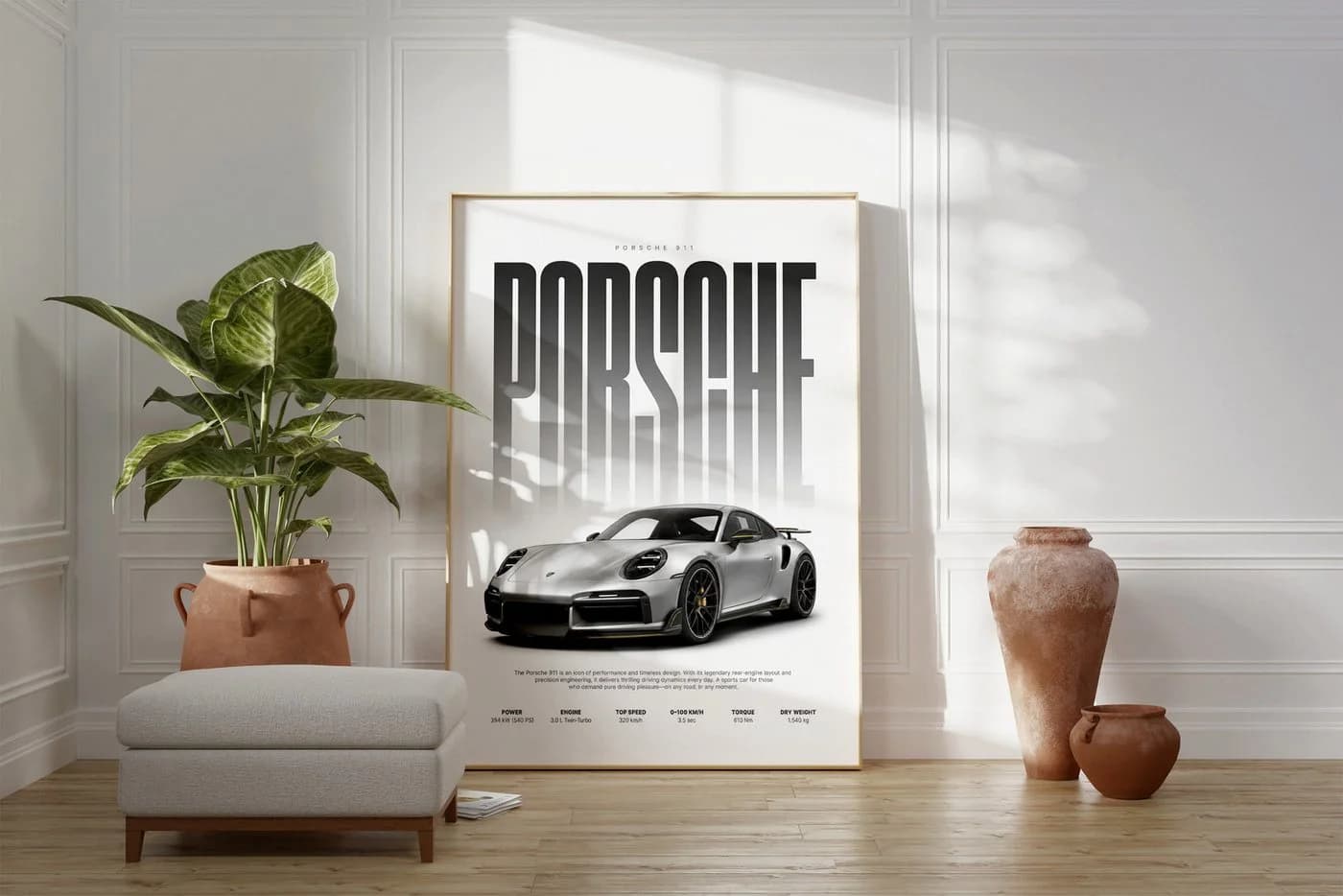 JUSTGOODMOOD Poster Silberner Sportwagen HD-Druck Baumwolle