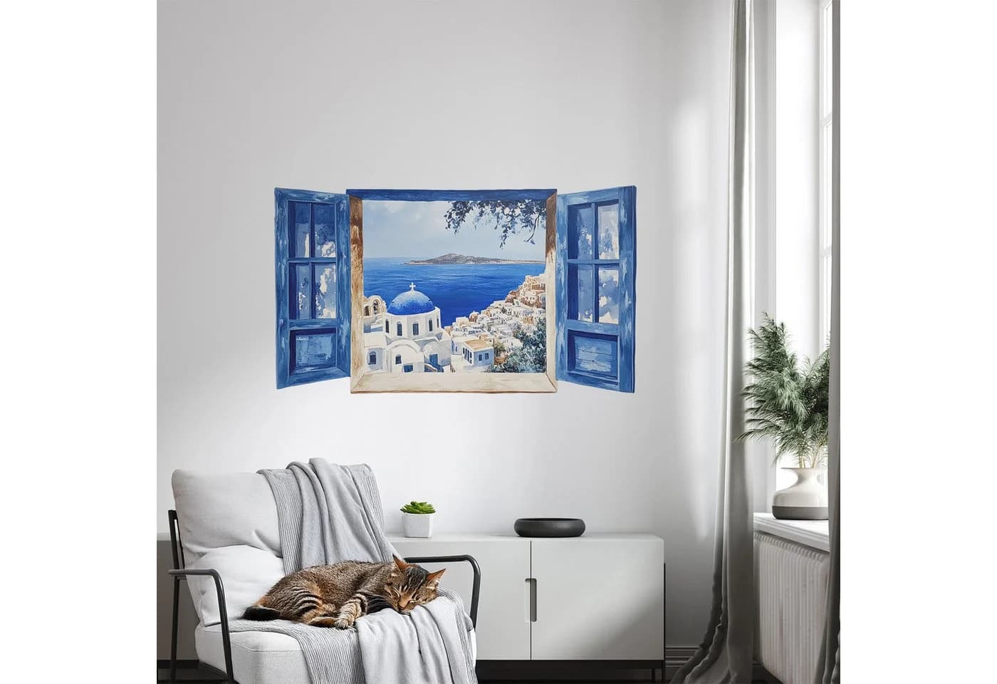 Tulup 3D-Wandtattoo Illusion Fenster Blau Griechische Landschaft