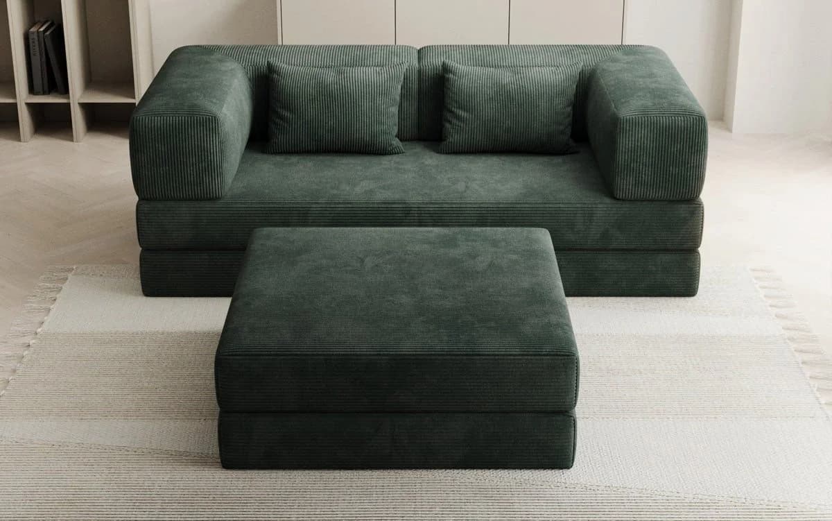 Luxusbetten24 Schlafsofa Lazy Spar-Set 3-Sitzer Cord Grün mit Hocker