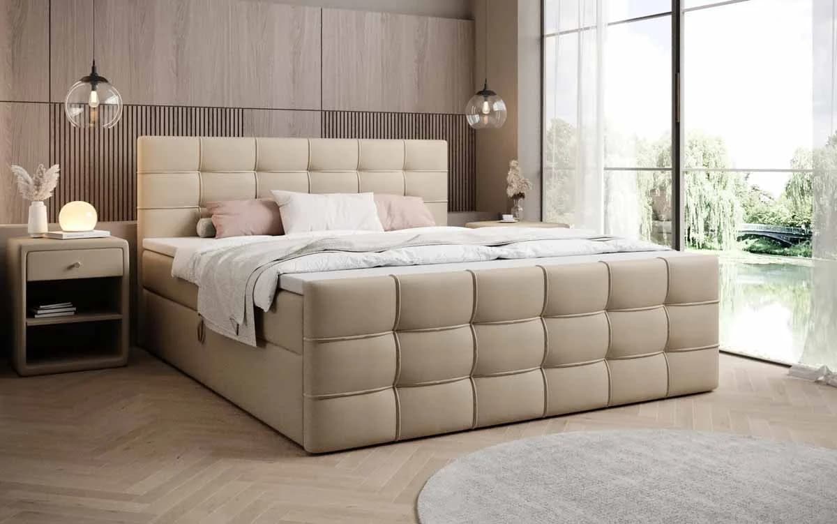 Luxusbetten24 Boxspringbett Luxor Kunstleder Beige mit Stauraum