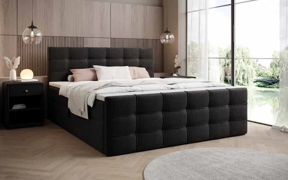 Luxusbetten24 Boxspringbett Luxor Stoff Schwarz mit Stauraum