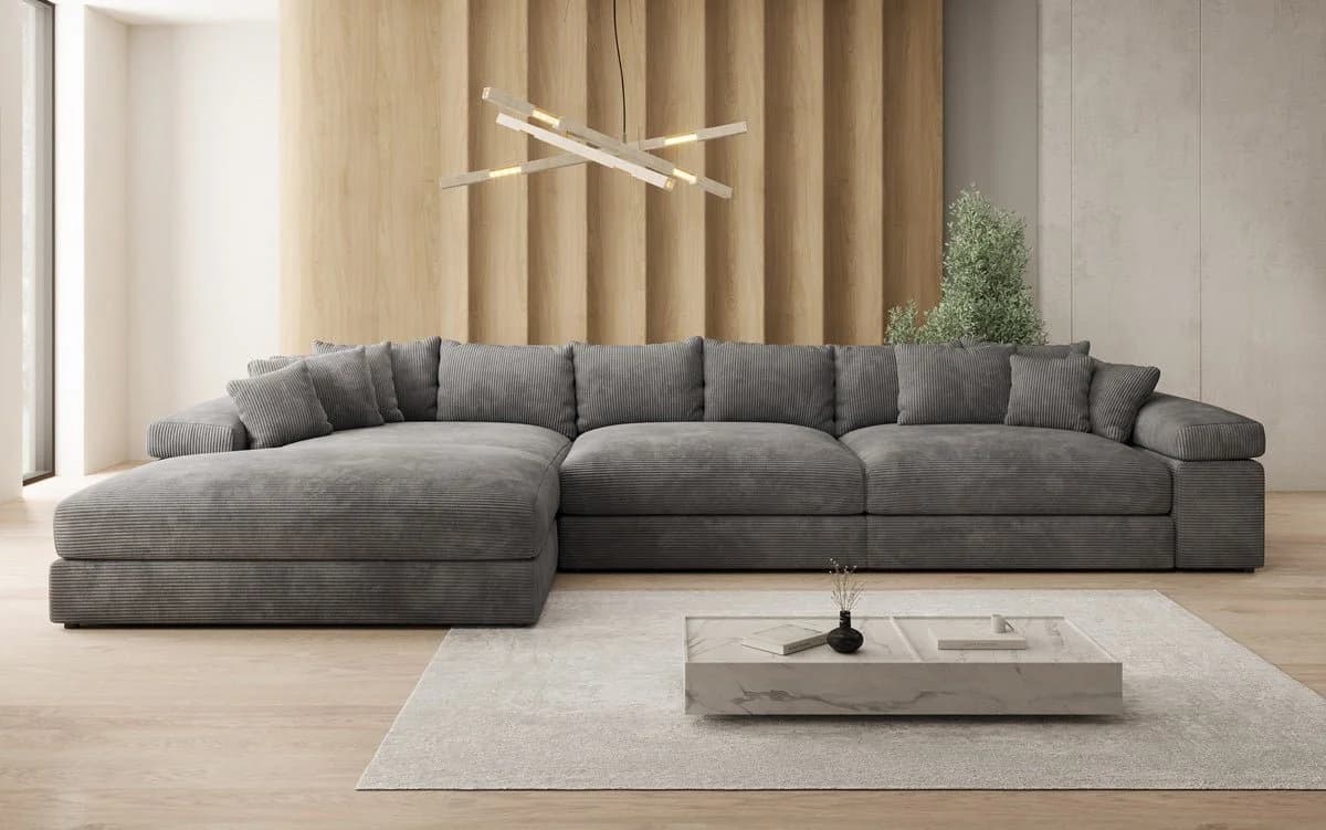 Luxusbetten24 Designer Sofa Bernardo L Maxi Cord Grau mit Ottomane