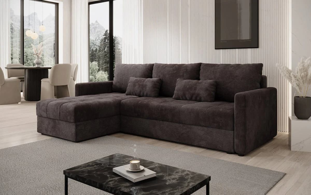 Luxusbetten24 Schlafsofa Roma Cord Braun mit Stauraum und Schlaffunktion