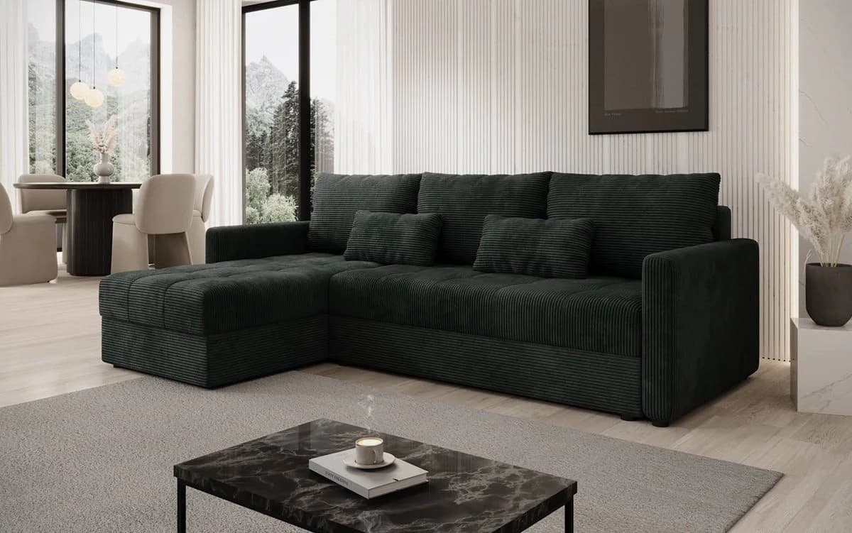 Luxusbetten24 Schlafsofa Roma Cord Grün mit Stauraum und Schlaffunktion