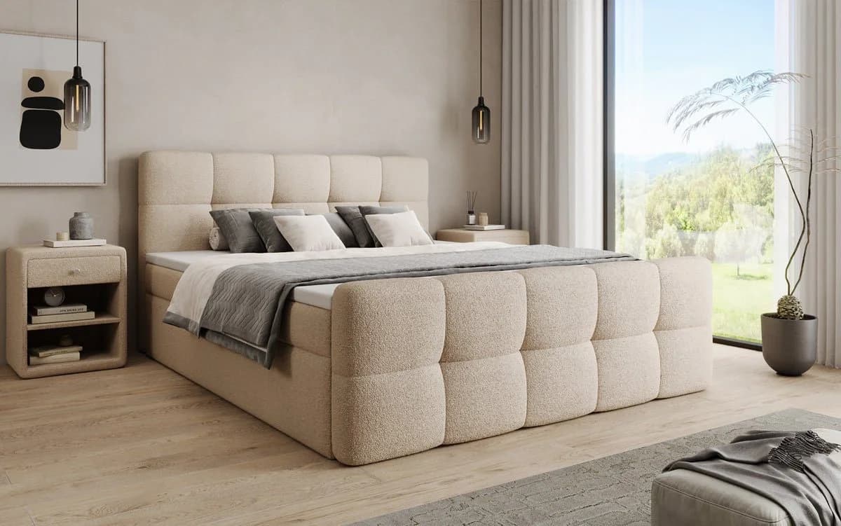 Luxusbetten24 Boxspringbett Cozy Beige Teddy Bouclé mit Stauraum & Topper