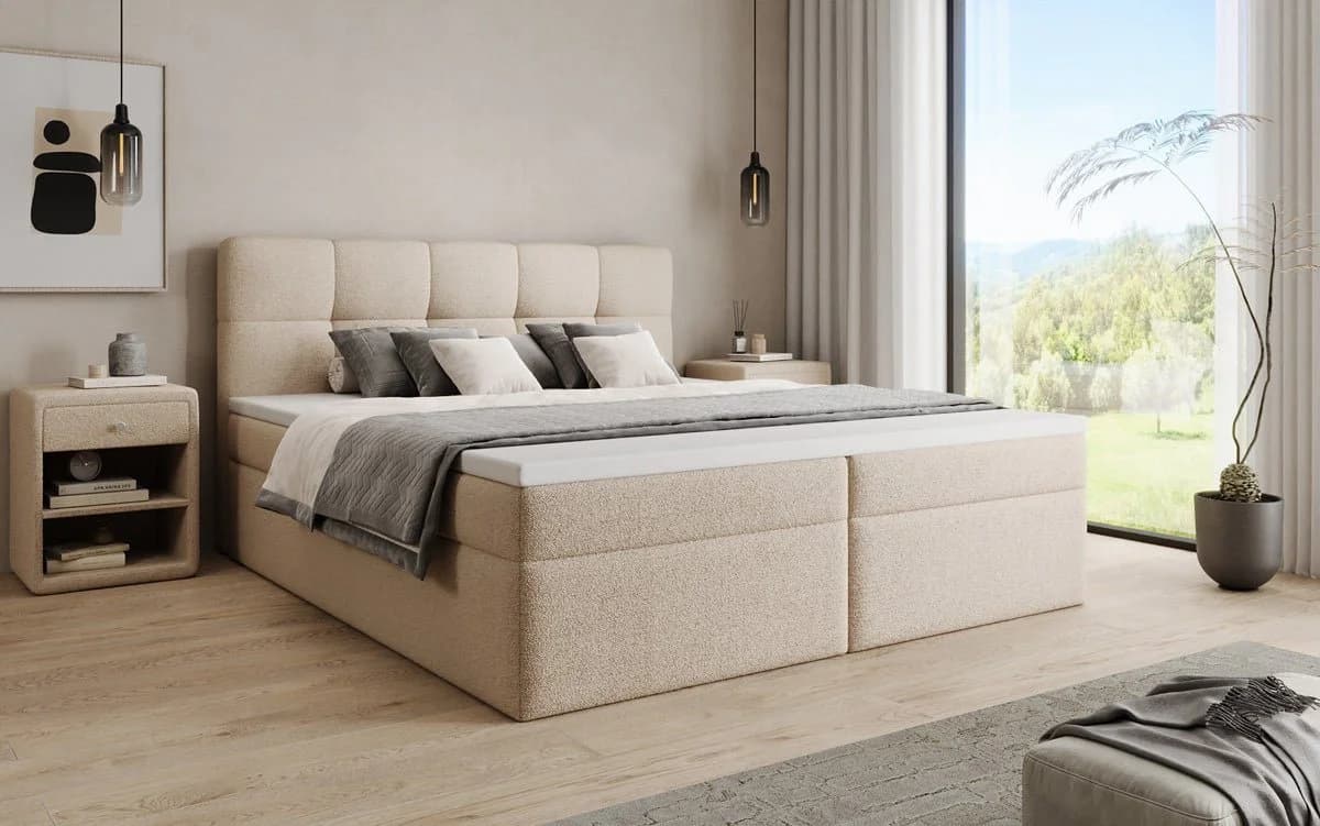 Luxusbetten24 Boxspringbett Cozy II Beige Teddy Bouclé mit Stauraum