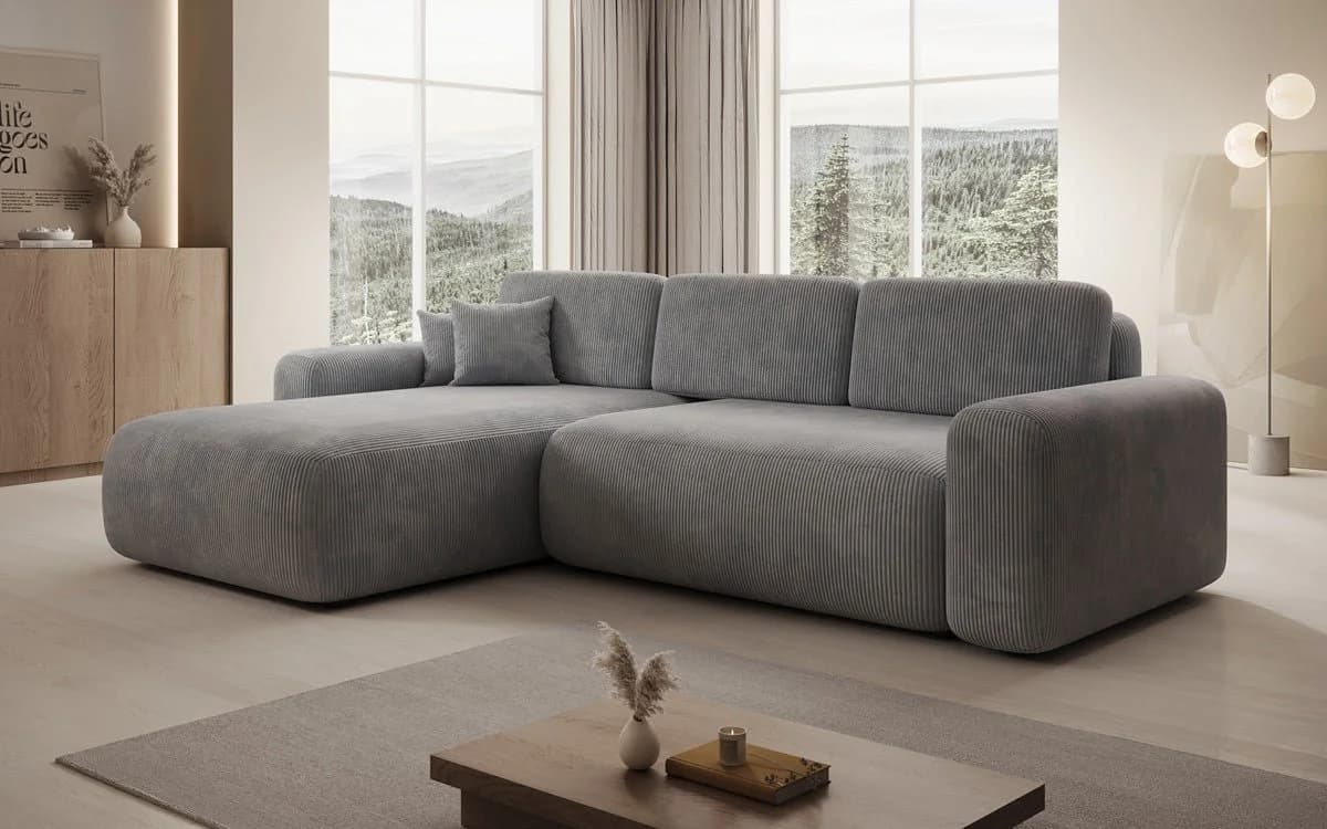 Luxusbetten24 Schlafsofa Designer Ecksofa Lola in Grau Cord mit Stauraum