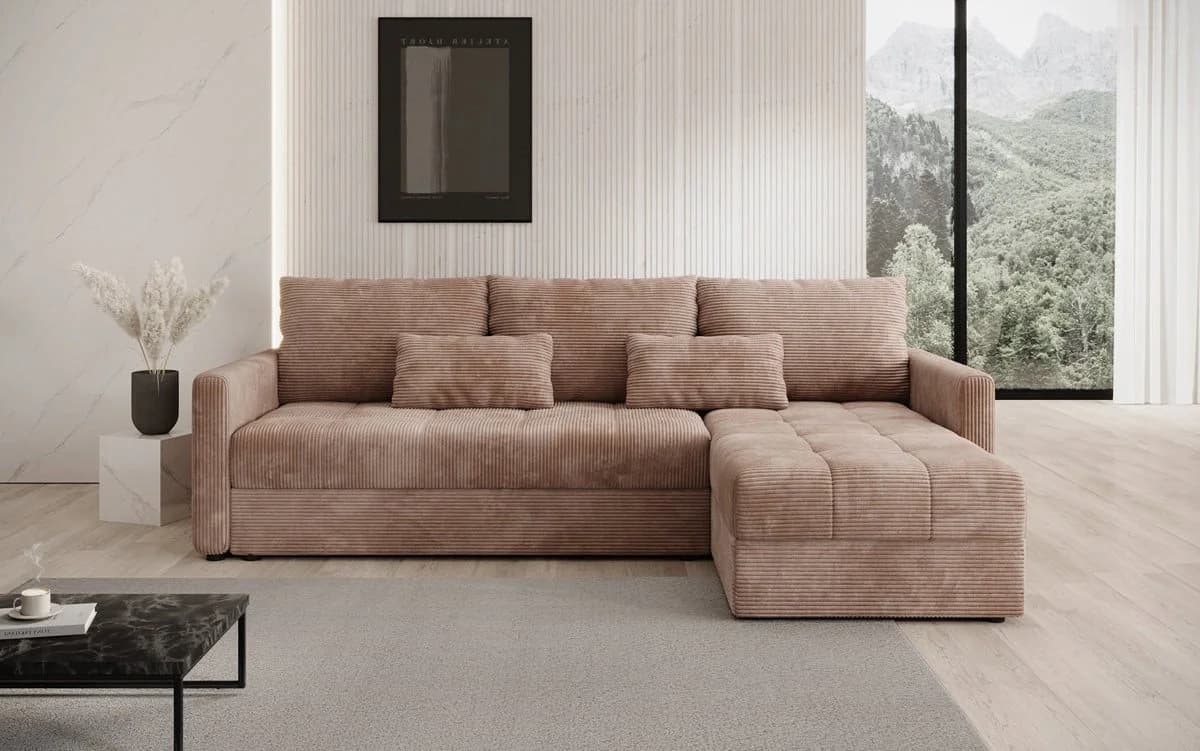 Luxusbetten24 Schlafsofa Roma Cord Rosa mit Stauraum