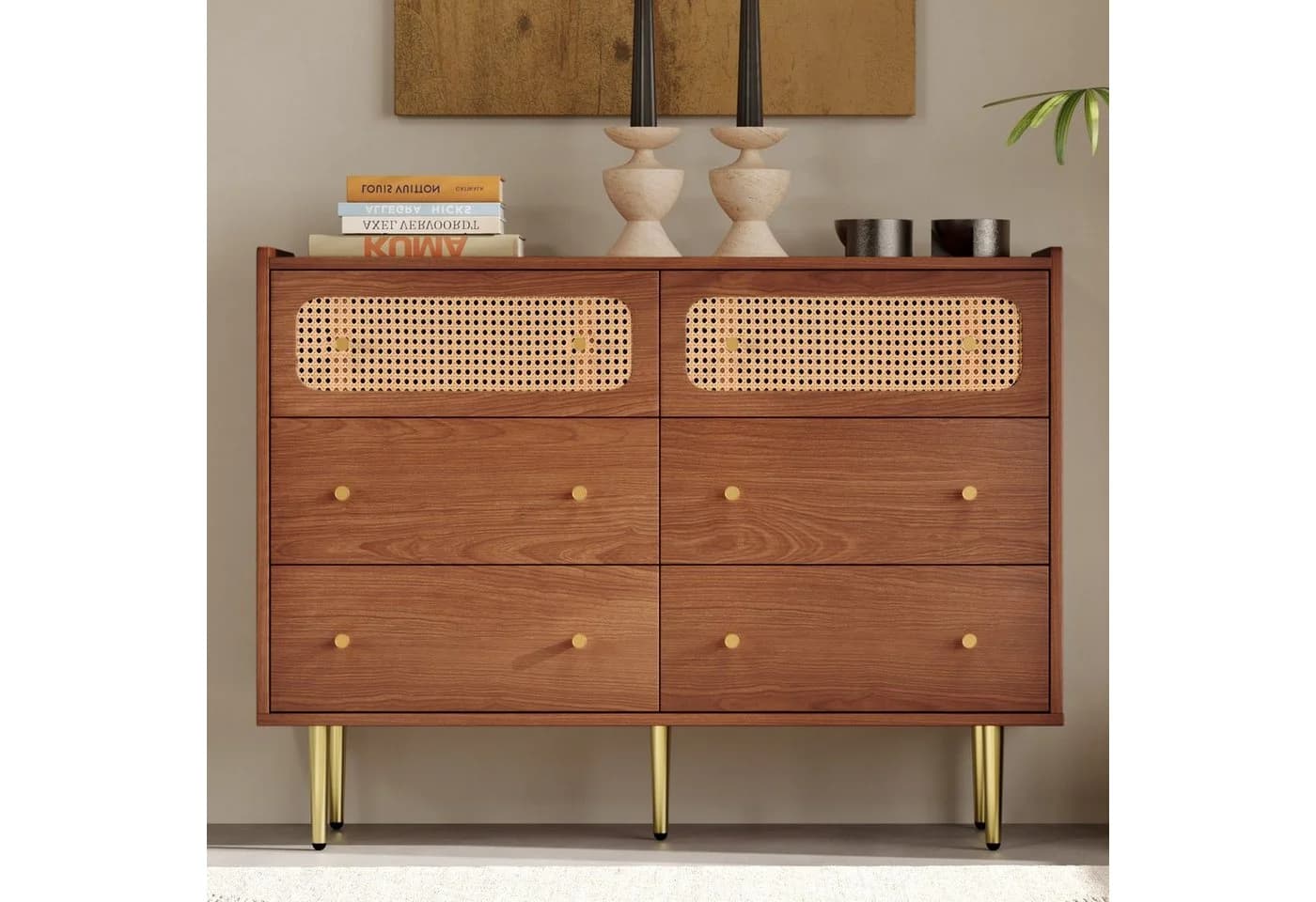 OKWISH Kommode Sideboard 120x90x40 cm 6 Schubladen Nussbaum Vintage